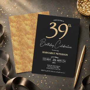 Elegant Black Gold Glitter 39th Birthday Party Invitation