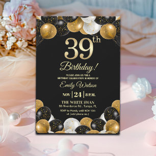 Elegant Black Gold Glitter 39th Birthday Party Invitation
