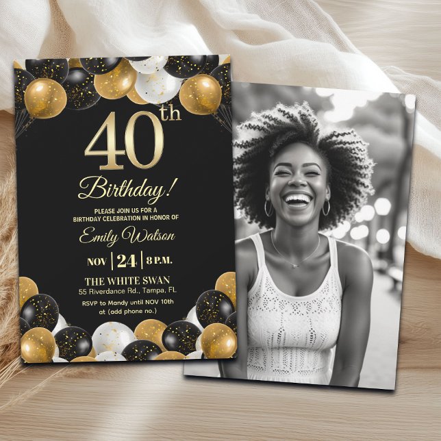 Elegant Black Gold Glitter 40th Birthday Photo Invitation (Creator Uploaded)