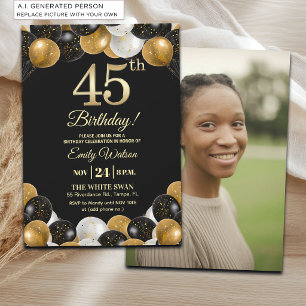 Elegant Black Gold Glitter 45th Birthday Photo Invitation