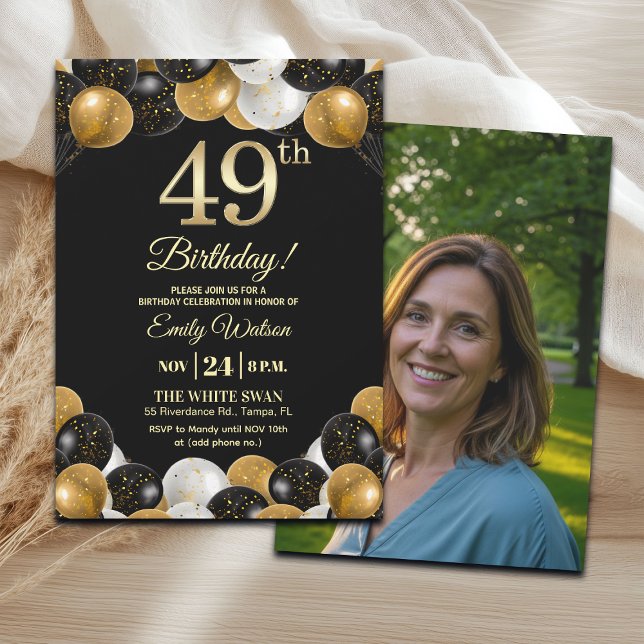 Elegant Black Gold Glitter 49th Birthday Photo Invitation (Creator Uploaded)