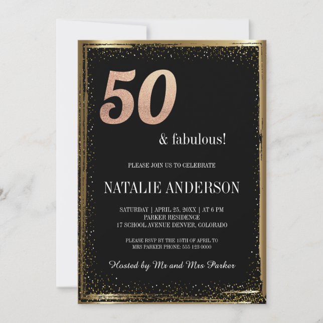 Elegant Black Gold Glitter 50th Birthday Party Inv Invitation (Front)