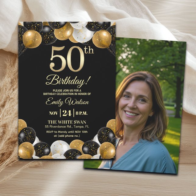 Elegant Black Gold Glitter 50th Birthday Photo Invitation (Creator Uploaded)