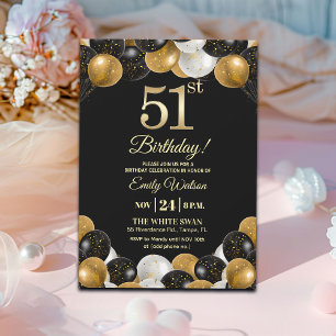Elegant Black Gold Glitter 51st Birthday Party Invitation