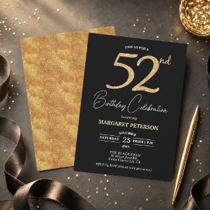 Elegant Black Gold Glitter 52nd Birthday Party Invitation