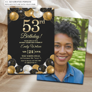 Elegant Black Gold Glitter 53rd Birthday Photo Invitation