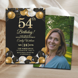 Elegant Black Gold Glitter 54th Birthday Photo Invitation