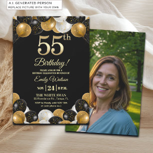 Elegant Black Gold Glitter 55th Birthday Photo Invitation