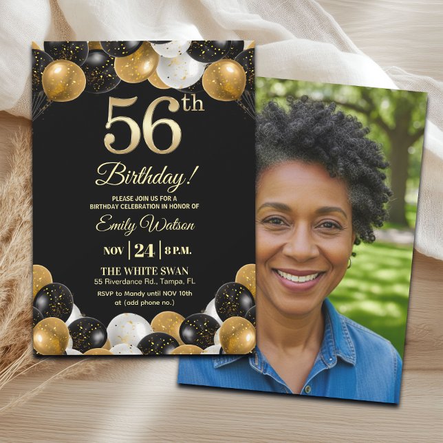 Elegant Black Gold Glitter 56th Birthday Photo Invitation (Creator Uploaded)