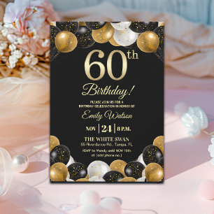 Elegant Black Gold Glitter 60th Birthday Party Invitation