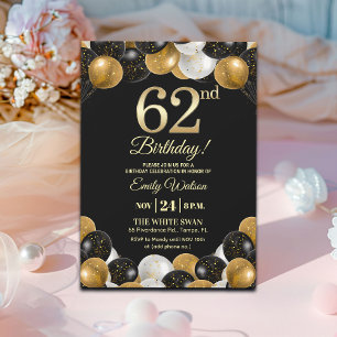 Elegant Black Gold Glitter 62nd Birthday Party Invitation