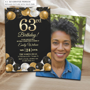 Elegant Black Gold Glitter 63rd Birthday Photo Invitation