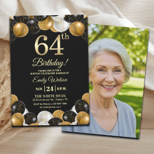 Elegant Black Gold Glitter 64th Birthday Photo Invitation