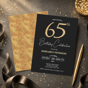 Elegant Black Gold Glitter 65th Birthday Party Invitation