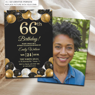 Elegant Black Gold Glitter 66th Birthday Photo Invitation