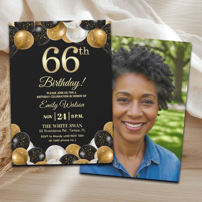 Elegant Black Gold Glitter 66th Birthday Photo Invitation (Creator Uploaded)