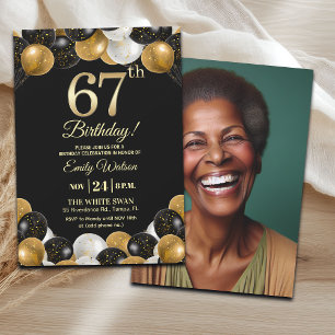 Elegant Black Gold Glitter 67th Birthday Photo Invitation