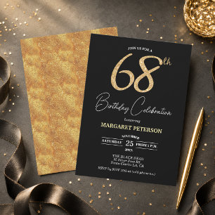 Elegant Black Gold Glitter 68th Birthday Party Invitation