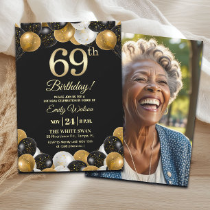Elegant Black Gold Glitter 69th Birthday Photo Invitation