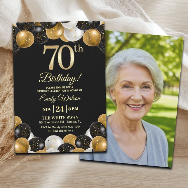 Elegant Black Gold Glitter 70th Birthday Photo Invitation (Creator Uploaded)