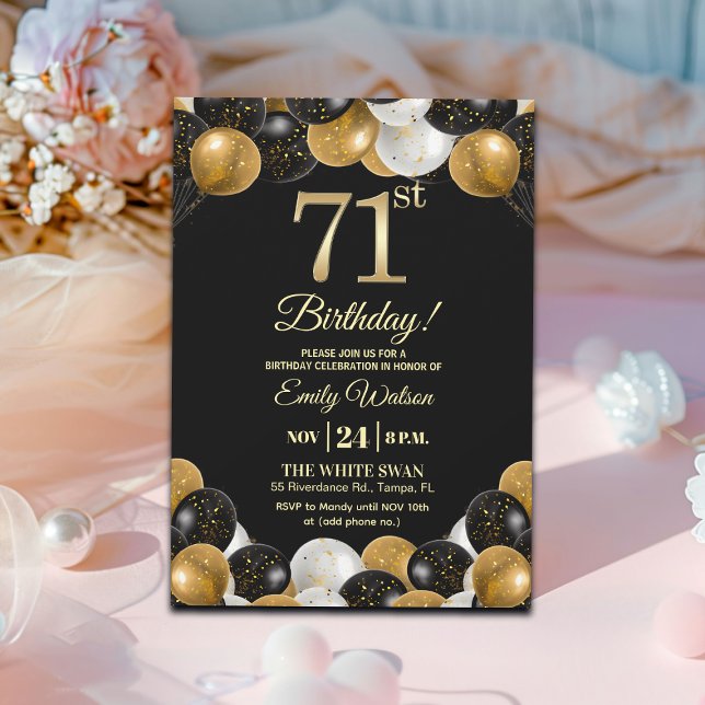 Elegant Black Gold Glitter 71st Birthday Party Invitation (Creator Uploaded)