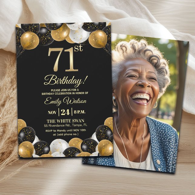 Elegant Black Gold Glitter 71st Birthday Photo Invitation (Creator Uploaded)
