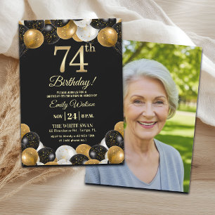Elegant Black Gold Glitter 74th Birthday Photo Invitation