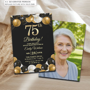 Elegant Black Gold Glitter 75th Birthday Photo Invitation