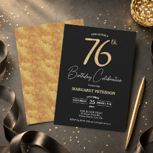 Elegant Black Gold Glitter 76th Birthday Party Invitation