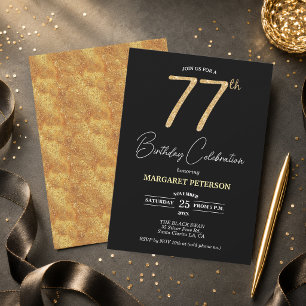Elegant Black Gold Glitter 77th Birthday Party Invitation