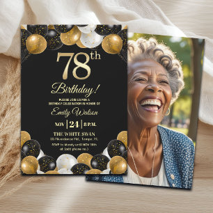 Elegant Black Gold Glitter 78th Birthday Photo Invitation