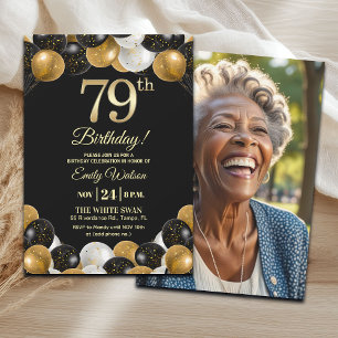 Elegant Black Gold Glitter 79th Birthday Photo Invitation