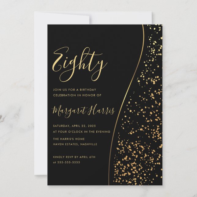 Elegant Black Gold Glitter 80th Eighty Birthday Invitation (Front)