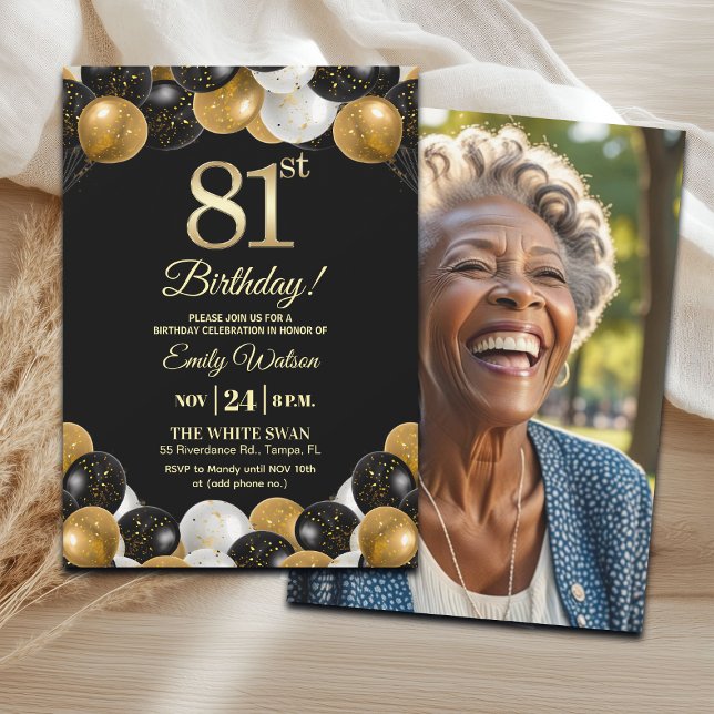 Elegant Black Gold Glitter 81st Birthday Photo Invitation (Creator Uploaded)