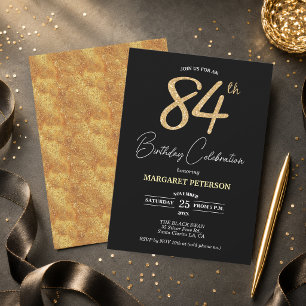 Elegant Black Gold Glitter 84th Birthday Party Invitation