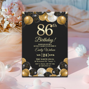 Elegant Black Gold Glitter 86th Birthday Invitation