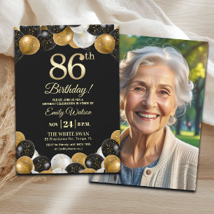 Elegant Black Gold Glitter 86th Birthday Photo Invitation