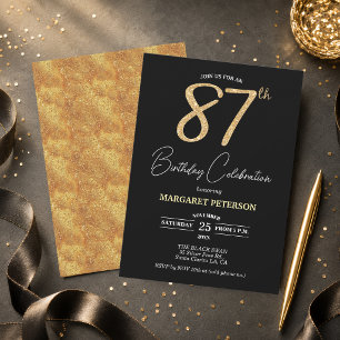Elegant Black Gold Glitter 87th Birthday Party Invitation