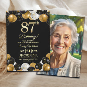 Elegant Black Gold Glitter 87th Birthday Photo Invitation