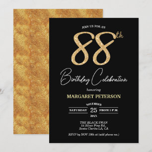 Elegant Black Gold Glitter 88th Birthday Party Invitation