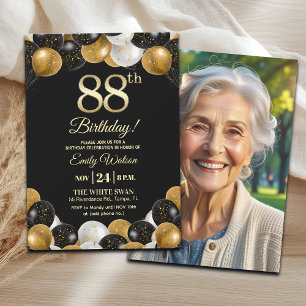 Elegant Black Gold Glitter 88th Birthday Photo Invitation