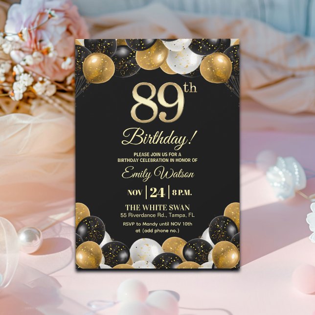 Elegant Black Gold Glitter 89th Birthday  Invitation (Creator Uploaded)