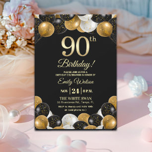 Elegant Black Gold Glitter 90th Birthday  Invitation