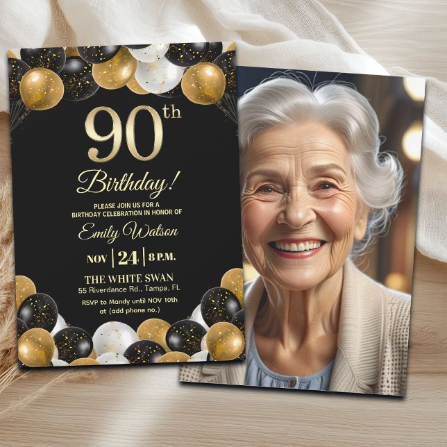 Elegant Black Gold Glitter 90th Birthday Photo Invitation (Creator Uploaded)