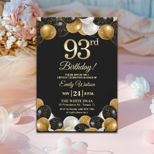 Elegant Black Gold Glitter 93rd Birthday Invitation