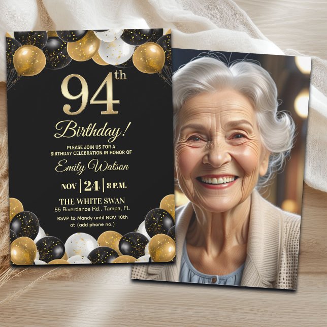 Elegant Black Gold Glitter 94th Birthday Photo Invitation (Creator Uploaded)