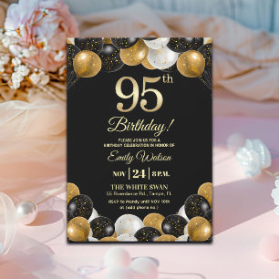 Elegant Black Gold Glitter 95th Birthday Invitation