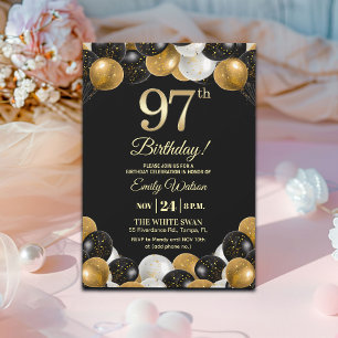 Elegant Black Gold Glitter 97th Birthday Invitation