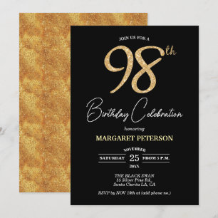 Elegant Black Gold Glitter 98th Birthday Party Invitation
