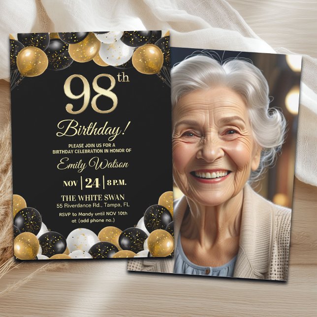 Elegant Black Gold Glitter 98th Birthday Photo Invitation (Creator Uploaded)